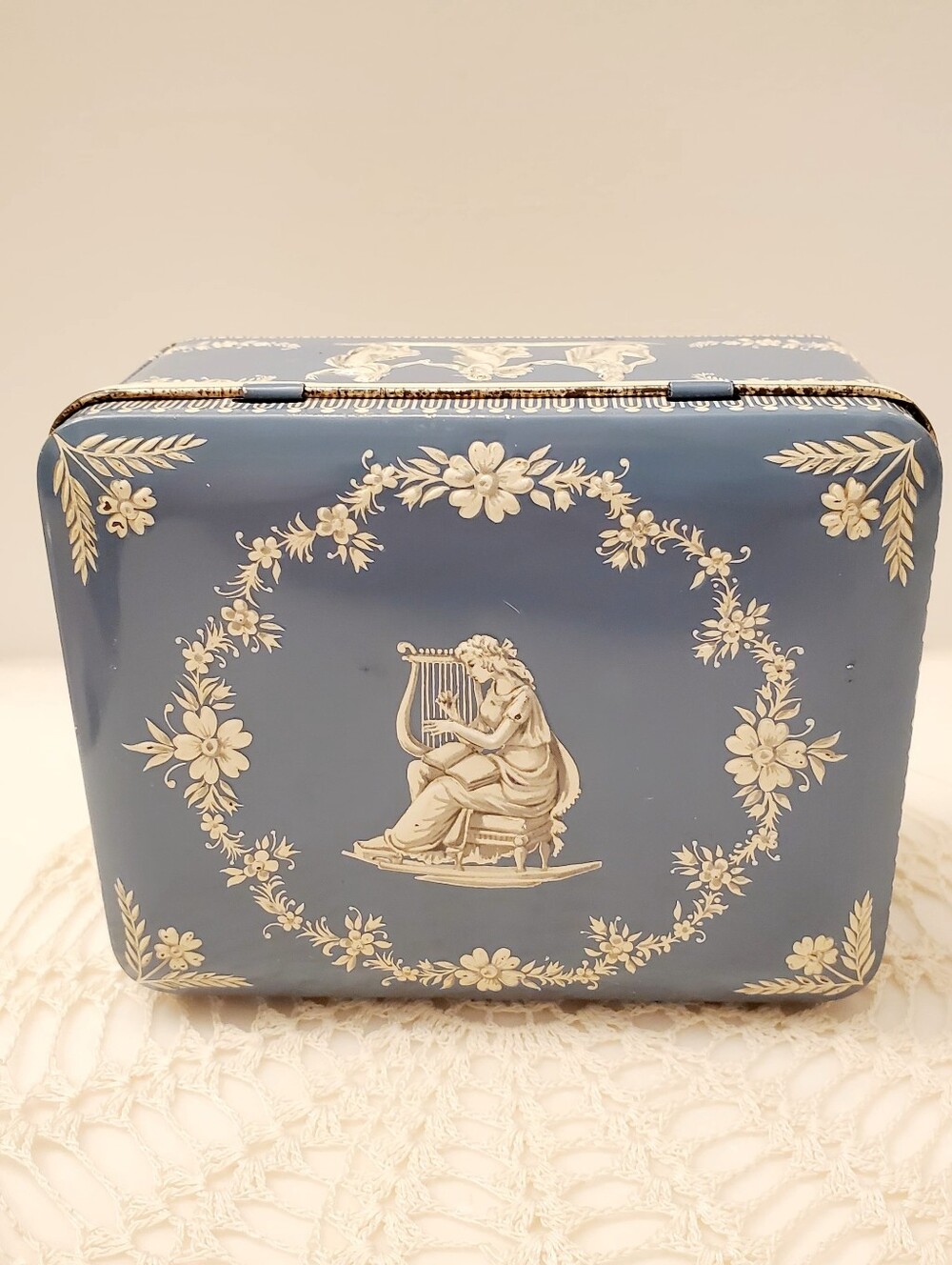 Blue Rectangular Tin Candy Trinket Box White Relief Design Harp Player Holland